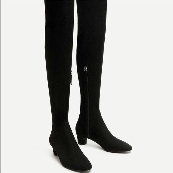 Zara Faux Suede Over the Knee Boots w Small Block Heel & Half Zip in Black-Sz 38 - Picture 1 of 4